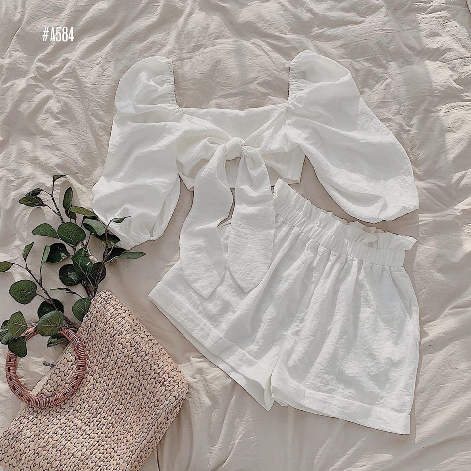 Set croptop short cột nơ tay phồng