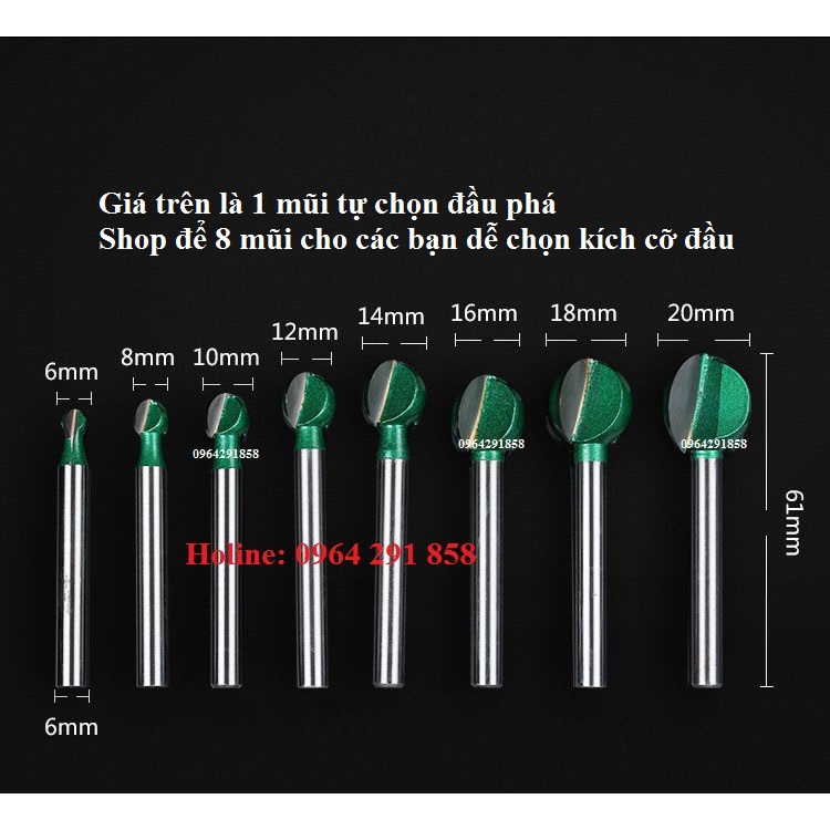 mũi phá gỗ thô hình quả đào cán 6mm - mũi phá gỗ hình tròn (giá trên là 1 mũi) - mũi khoan phá gỗ - mũi hợp kim 6mm