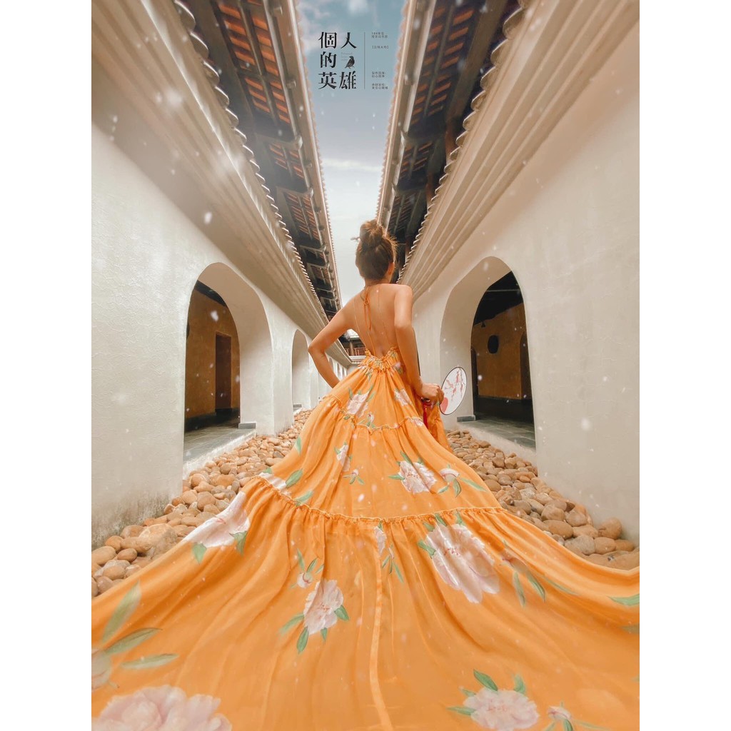 [FREESHIP] Đầm maxi hoa màu cổ yếm