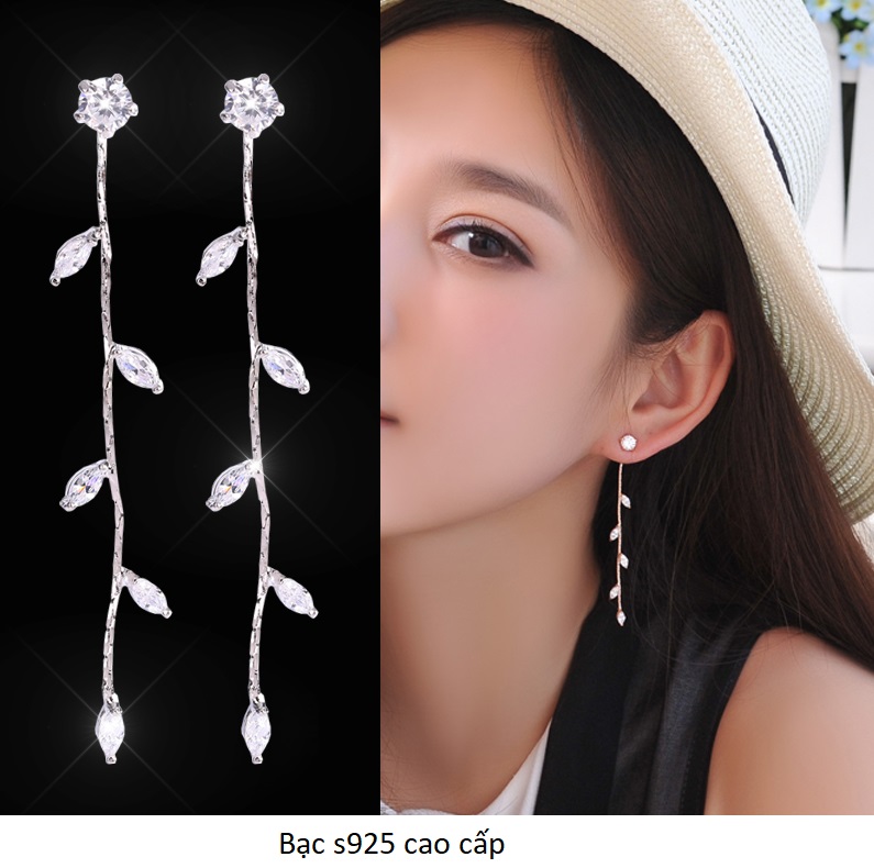 Bông tai nữ bạc 925 dáng chuỗi lá nhỏ xinh xắn kèm video