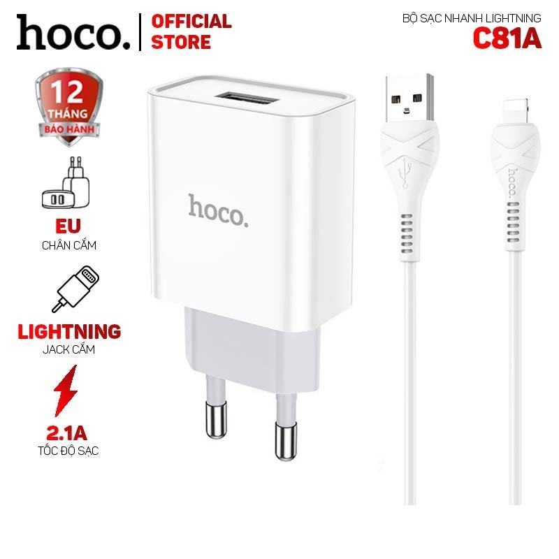 Bộ sạc nhanh Hoco C81A 1 cổng USB 2.1A kèm cáp Lightning dài 1.0m