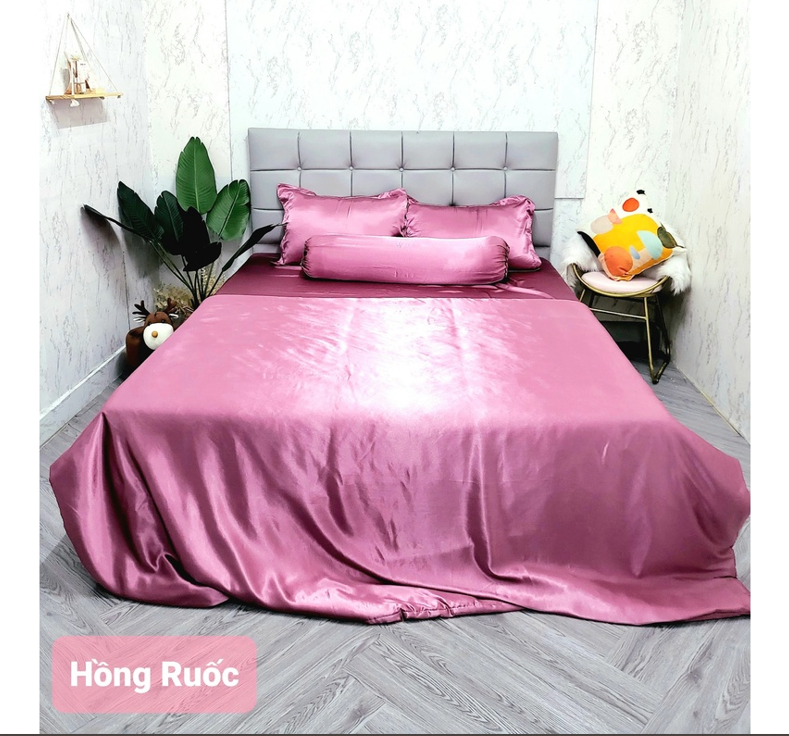 Bộ 5 món 4 món Chăn ga phi lụa Thái Tuấn cao cấp loại 1 - Mã màu phi lụa Hồng Ruốc