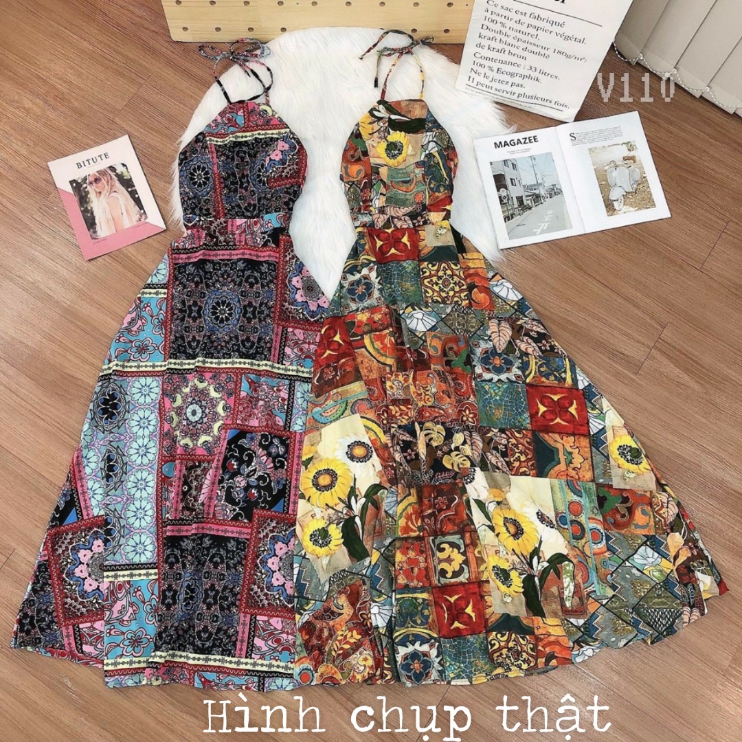 Maxi cổ yếm hở lưng thổ cẩm-ZU