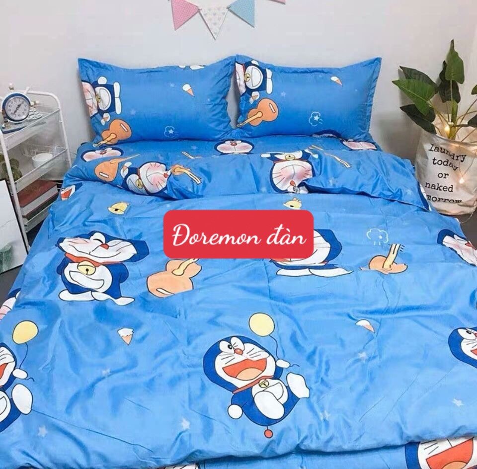 Bộ Ga Gối 3 Món[1ga +2 vỏ gối]2mx2m2 Poly Cotton, mẫu doremon đàn