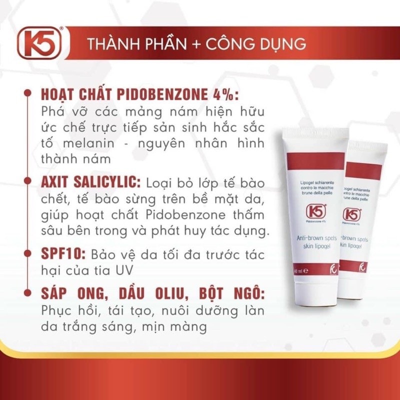 HÀNG NHẬP KHẨU - Kem Giảm Nám K5 Lipogel/K5 Cryolaser, Giảm Sạm, Tàn Nhang, Nám Mảng, Nám Chân Sâu, Nám Sau Sinh, Ngăn Tăng Sắc Tố Nám Sau Laser - Hoạt Chất Độc Quyền Pidobenzone - DuocmyphamDrAn