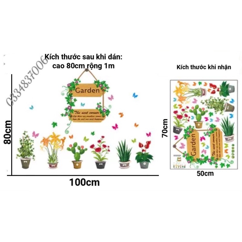 Decal dán tường khu vườn chậu cây xanh.