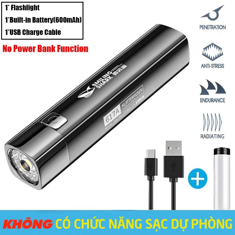 Đèn Pin Mini Siêu Sáng Smile Shark 617A bin sạc điện chống nước chiếu xa mạ hợp kim ánh sáng mạnh cầ