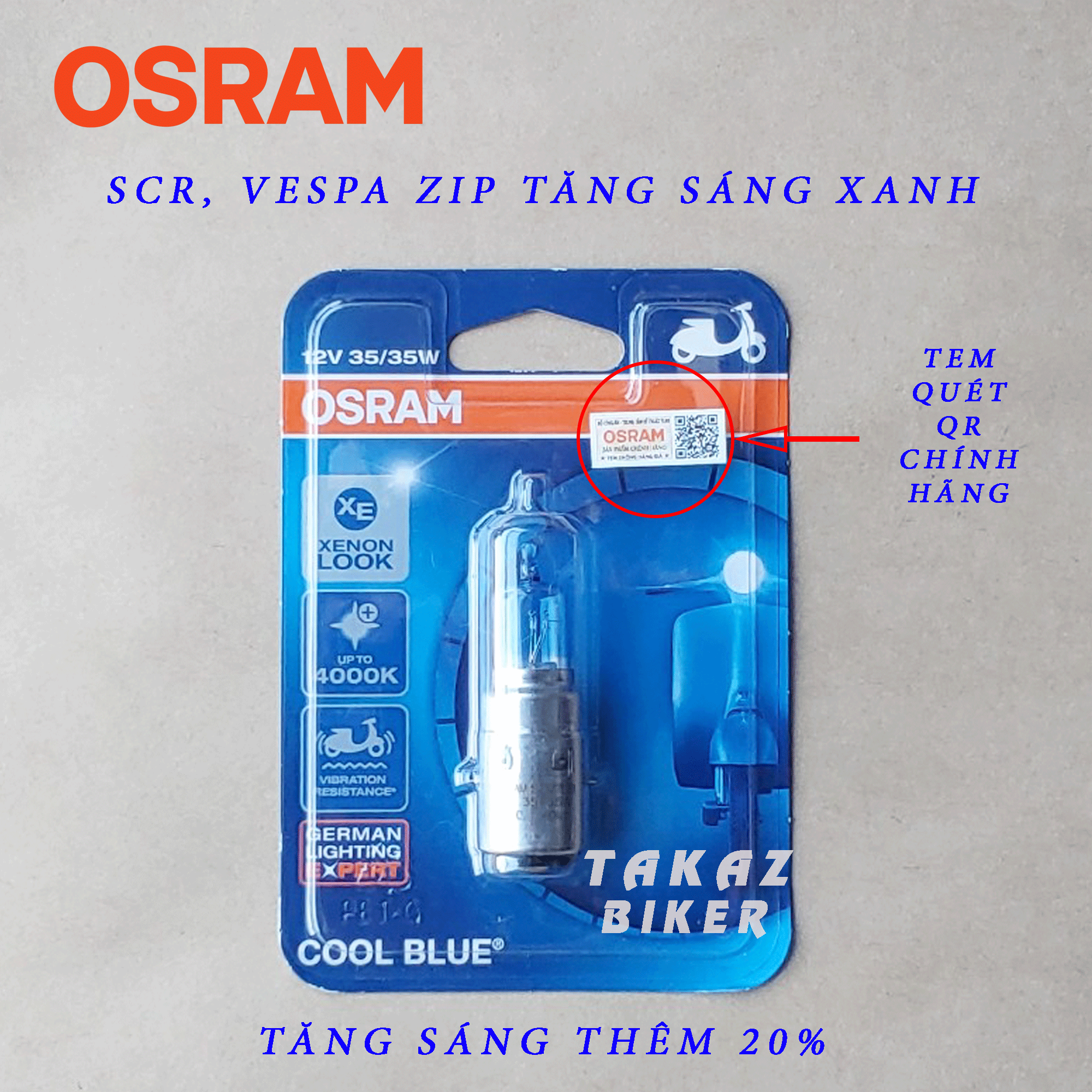 [HCM][ M5 ] Bóng đèn HALOGEN OSRAM SCR Vespa Zip - Tăng sáng xanh dương Xenon 35W +20%