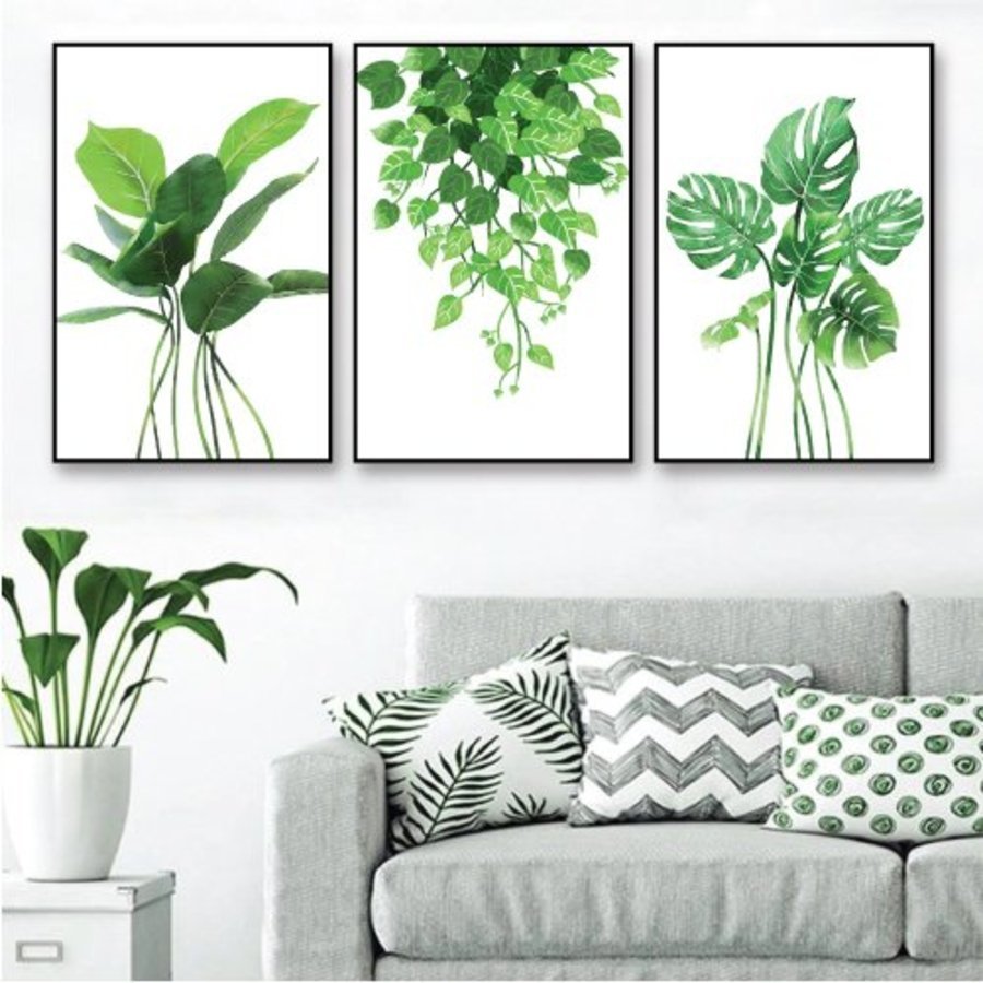 Tranh treo tường Lá xanh nhiệt đới bộ 3 tấm có khung sẵn tranh decor phòng khách khổ lớn Kích thước đa dạng tranh lá trầu bà treo tường
