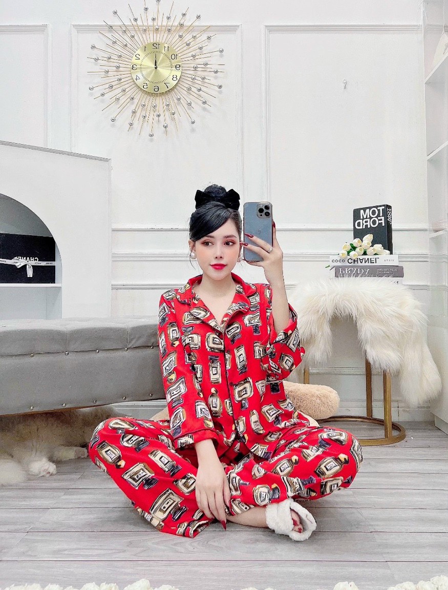 bộ đồ Pijama mặc nhà kiểu dáng tiểu thư sang chảnh Set mặc nhà tay dài phối ren vải lụa hàn dưới 56kg