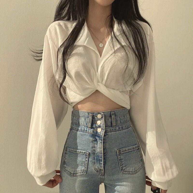 Áo Sơ Mi Xoắn Eo Tay Dài Trơn