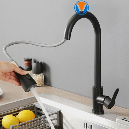 Vòi Rửa Chén Bát Nóng Lạnh Vòi Rút INOX 304 N4005 Fotar inox 304 sơn tĩnh điện đen DÂY KÉO DÀI ĐƯỢC đầu vòi có 2 chế độ nước