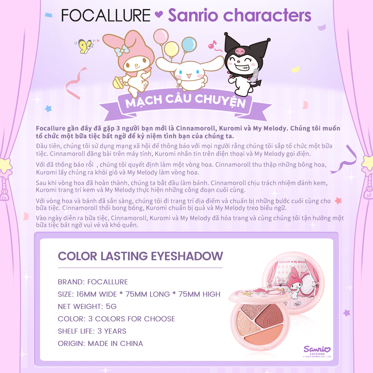 [FOCALLURE x Sanrio] Bảng Phấn Mắt 4 Màu Lâu Trôi
