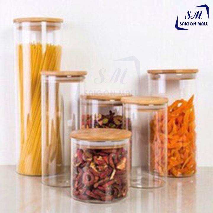 Lọ thủy tinh nắp gỗ cao cấp, Hũ thủy tinh trụ tròn nắp gỗ cao cấp 1.4 lít đựng thực phẩm - LỌ THỦY TINH NẮP GỖ 1.05 LÍT CAO CẤP
