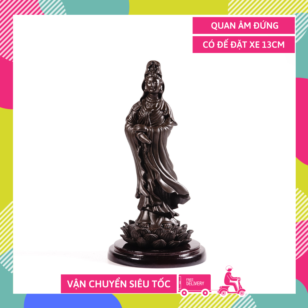 Tượng phật quan âm bồ tát đứng có đế nâu đất - cao 13cm