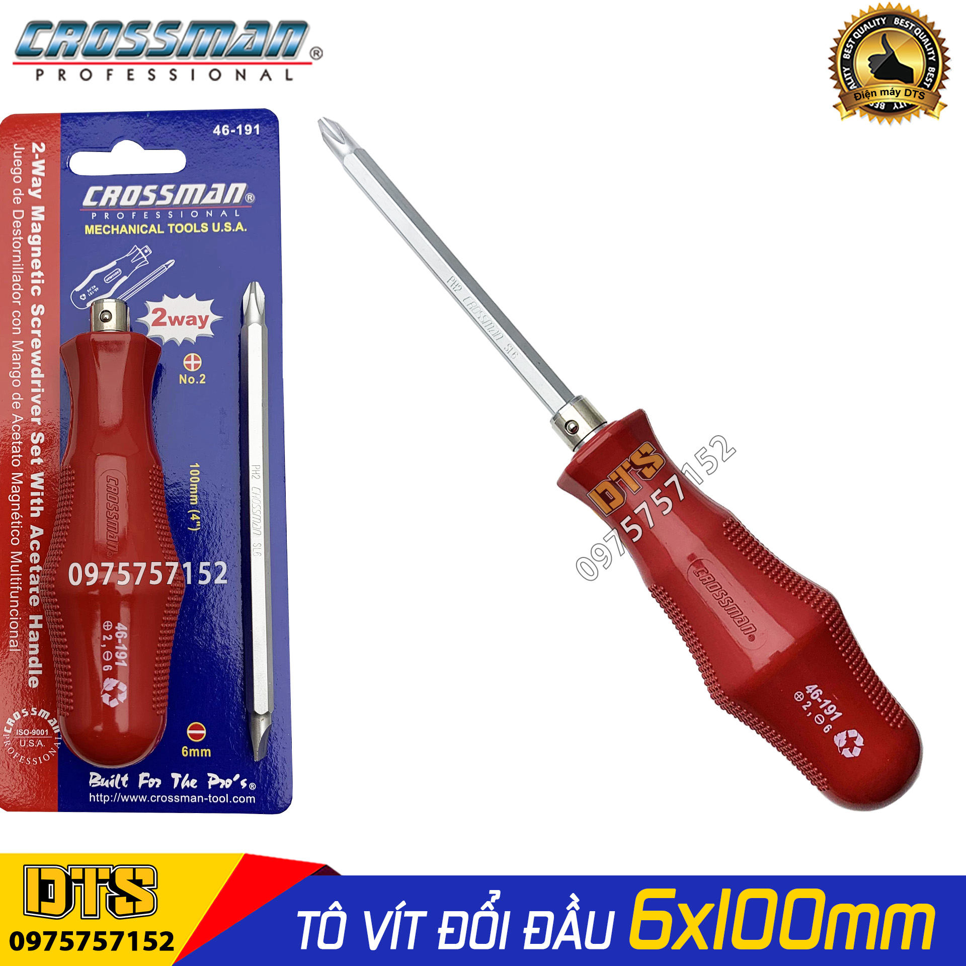 Tô vít 2 đầu cao cấp 6x100mm CROSSMAN 46-191, tua vít dẹp và bake trở đầu thép CR-V siêu cứng, siêu bền, đầu hít nam châm vĩnh cửu, tay cầm thiết kế chống lăn, chống va đập (Model mới nhất), tô vít đảo đầu, tua vít 2 đầu