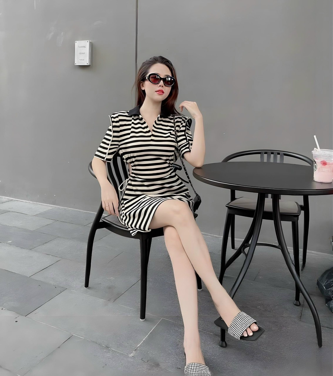 Váy đầm nữ kẻ sọc cổ sơ mi rút dây eo cực xinh