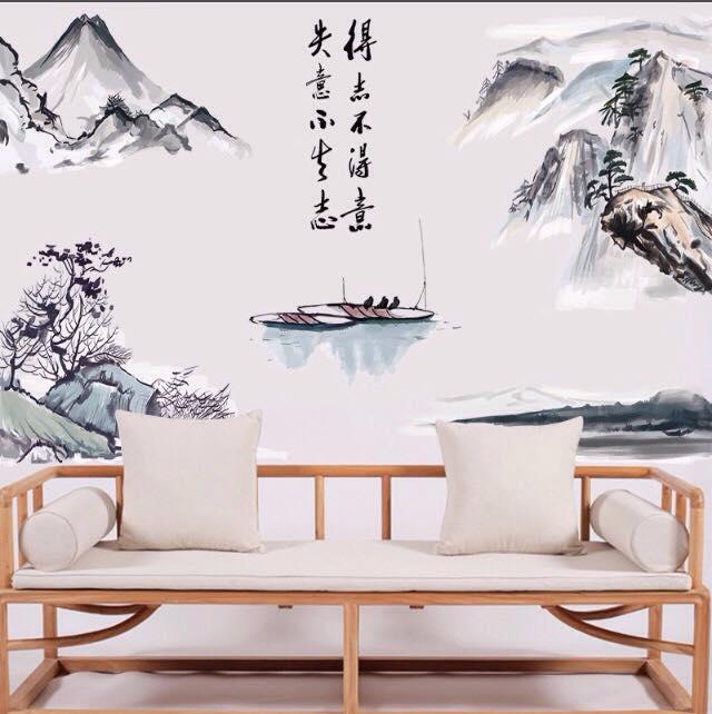 decal dán tường phong cảnh núi non phong thủy