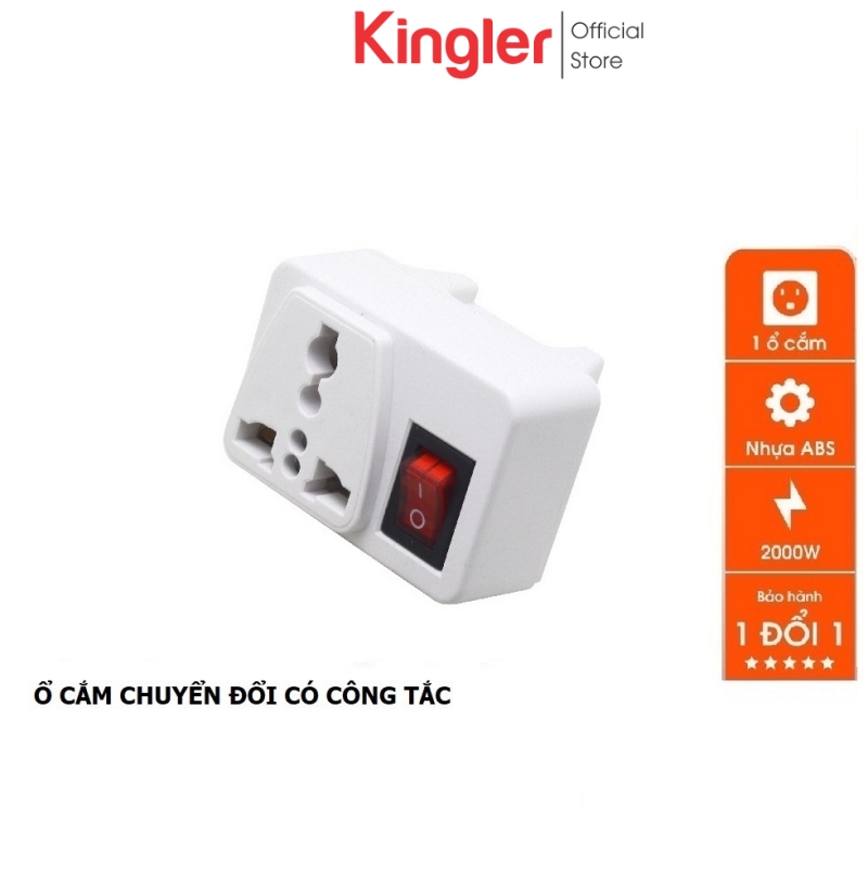 Ổ Cắm Chuyển Đổi Từ 3 Chân Sang 2 Chân 3 Chạc Sang 2 Chấu Có Công Tắc Tắt Bật tiện lợi, 2000W, ABS Chống Cháy, Cắm Chuyển Đổi 3 Chấu Xéo. Kingler 8609