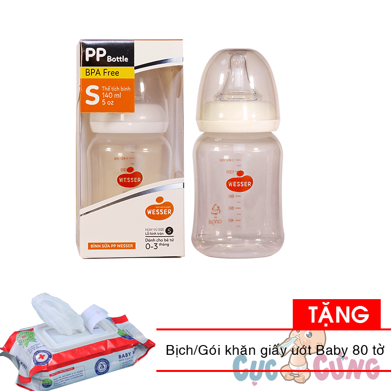 Bình sữa Wesser cổ nhỏ  nhựa PP 140ml (phiên bản mới) Tặng 1 bịch khăn giấy ướt Baby 80gr