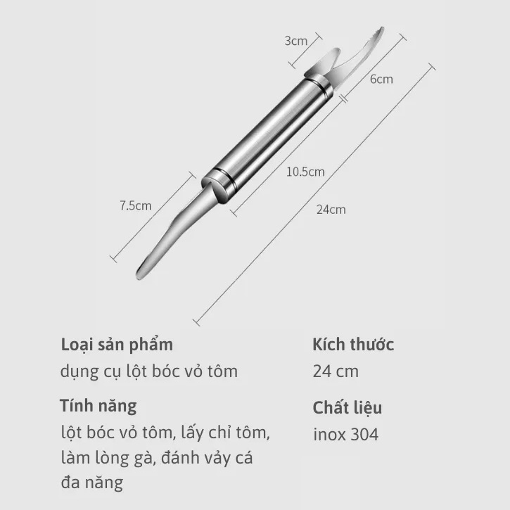 Dụng Cụ Lột Bóc Vỏ Tôm 2 Đầu - Cây Lấy Chỉ Tôm, Làm Lòng Gà, Đánh Vảy Cá 2 in 1