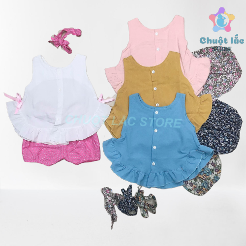 [HCM]Bộ quần áo bé gái 3 chi tiết chất đũi quần hoa kèm tuban cài đầu áo có nút cho bé từ 8kg đến 18kg (màu xanh màu trắng màu vàng màu cam)
