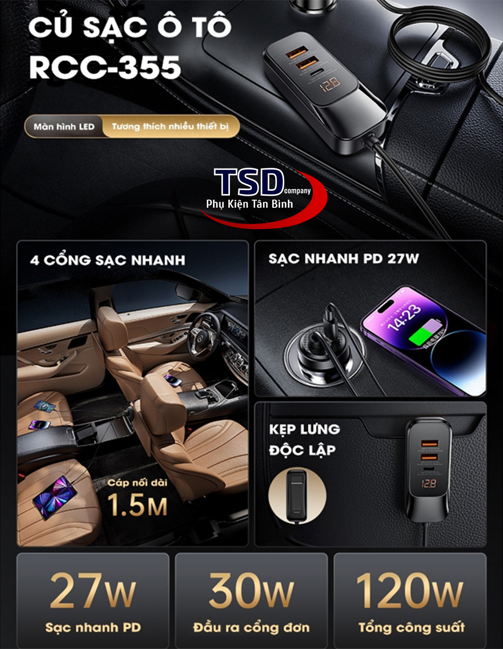 Tẩu Sạc Nhanh Đa Năng Dùng Cho Cả Ghế Trước & Sau Remax RCC355 Chính Hãng