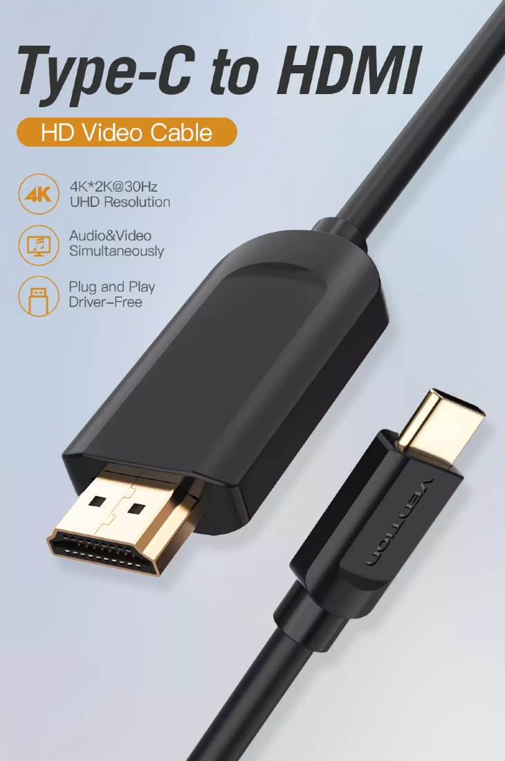 Cáp Type-C to HDMI cho MacBook, Điện Thoại Samsung Galaxy 21/20 / S10 / S9 Huawei Mate 30/20 P30/20 Pro chính hãng Vention CGUBG - Cáp chuyển Thunderbolt 3 USB-C HDMI đến Điện thoại, Máy tính, Laptop,TV, Máy chiếu