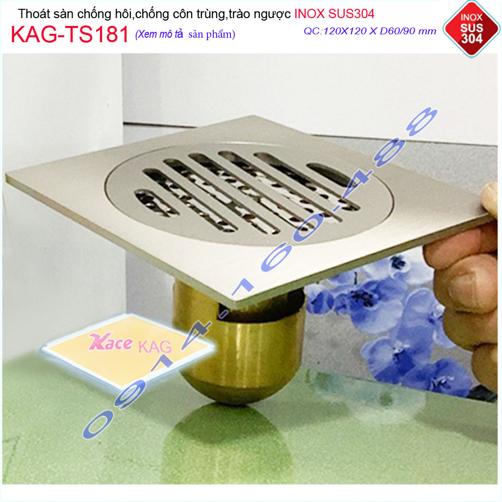 Phễu thoát sàn chống mùi hôi Inox 304 KAG-TS181, phễu thoát nước chống trào ngược ga thoát sàn thoát nhanh chặn tóc tốt
