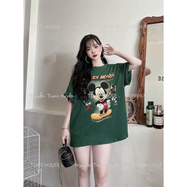Anu408 - áo phông nữ xanh rêu mickey mouse