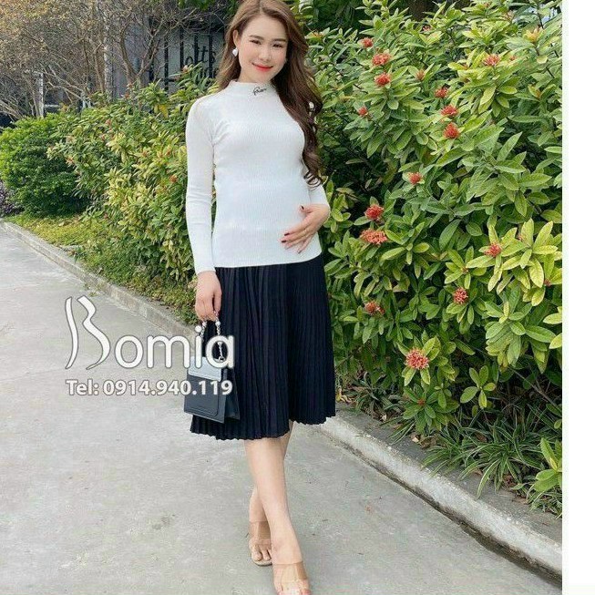 Chân váy bầu xếp ly dáng dài HÀNG ĐẸP vải chéo thái có đáp bụng và chun chỉnh bụng