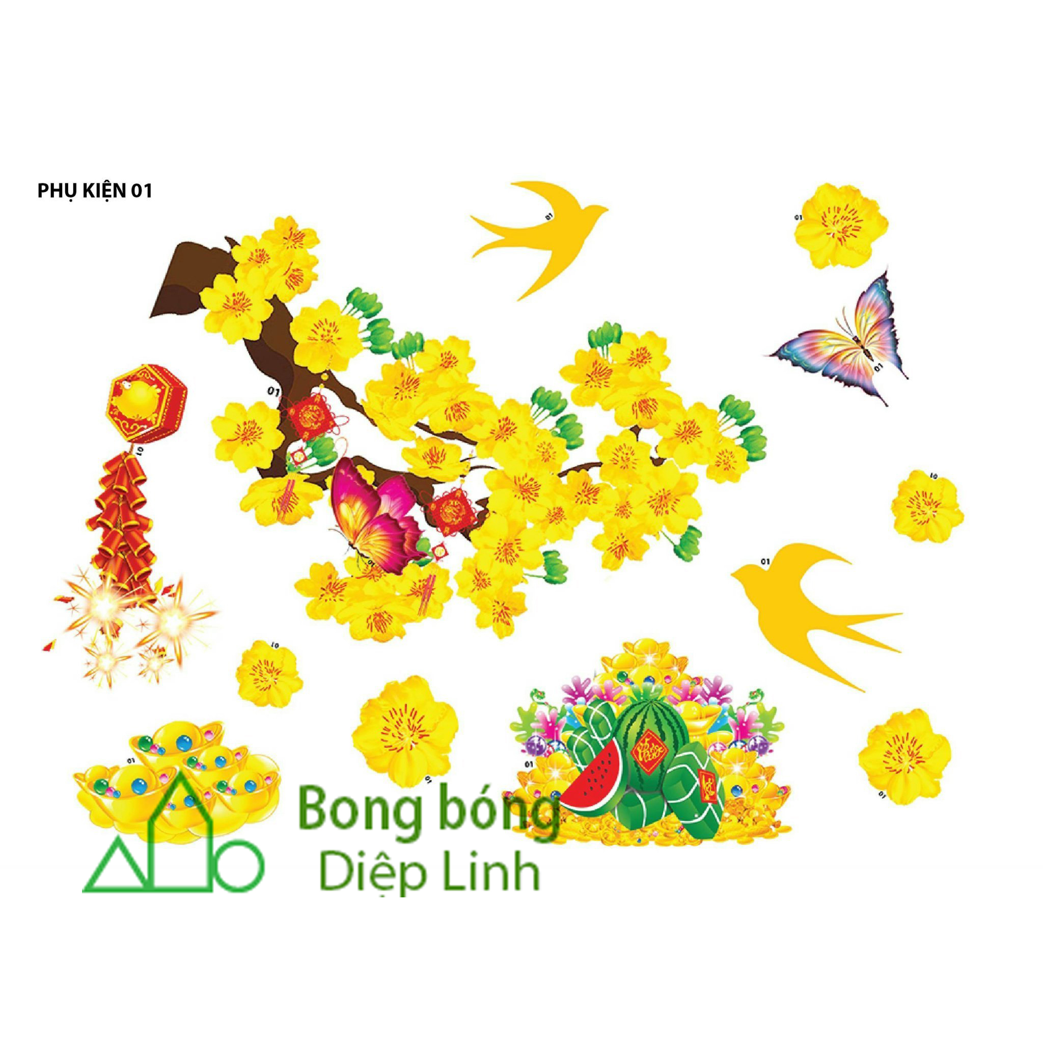 Decal trang trí tết hoa mai hoa đào nổi 4D nhỏ