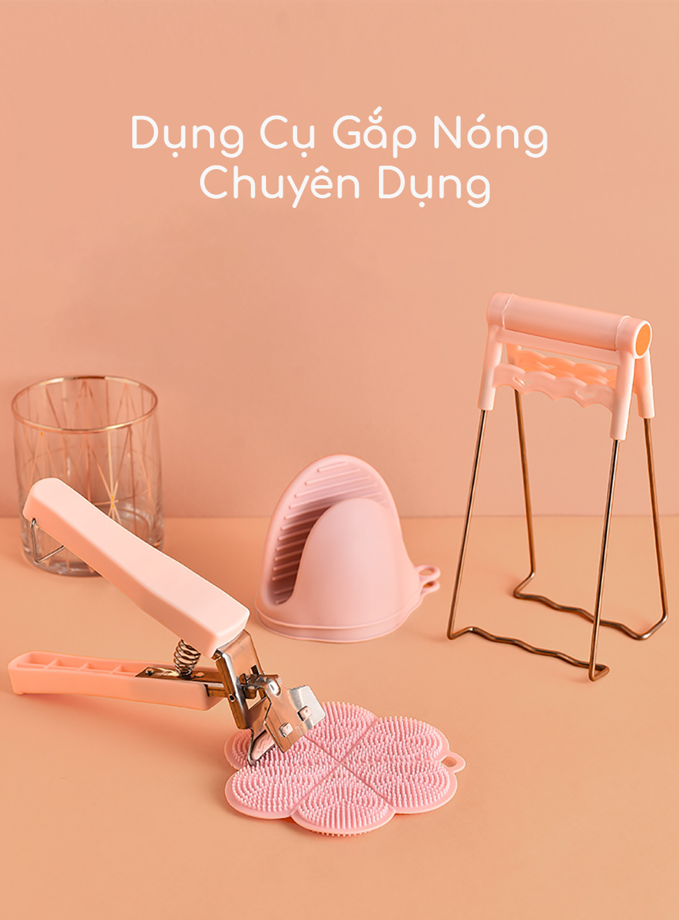 Bộ dụng cụ kẹp gắp đồ nóng thức ăn đa năng kèm bộ găng tay, miếng lót nồi silicon - 6 chi tiết