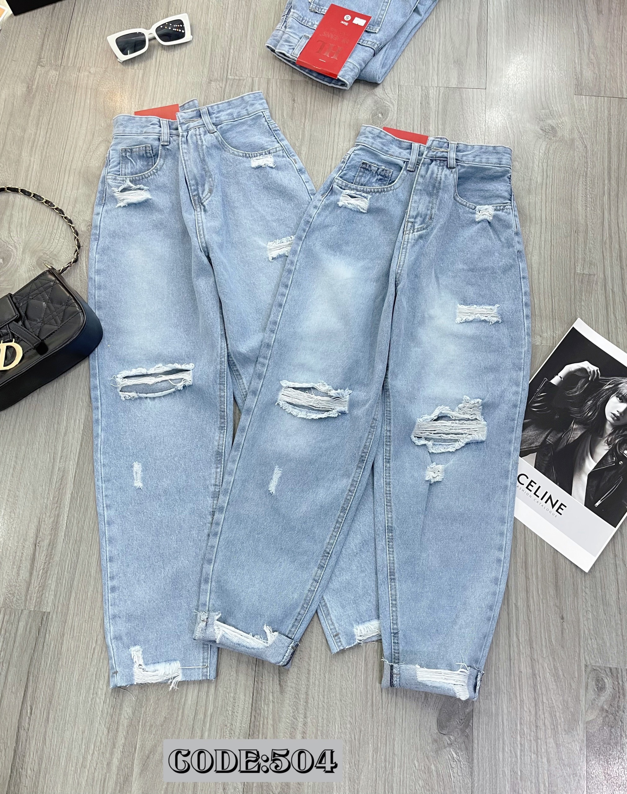Quần jean baggy rách xước ngang lai cắt lưng cao màu xanh/xám chất dày mịn- TAMI JEANS SIÊU HOT HIT