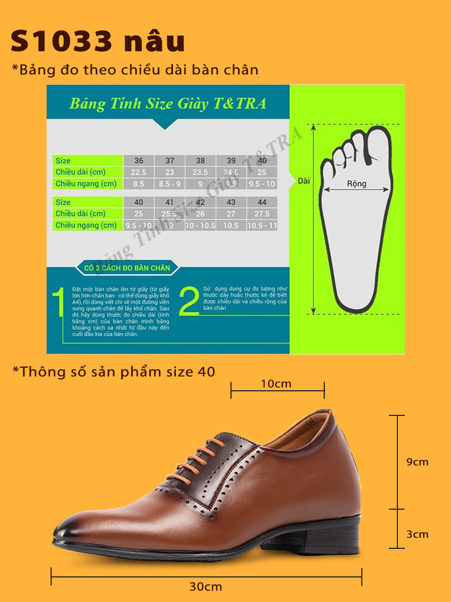 [ 8CM ] Giày Cao Nam T&TRA S1033 Nâu Bò