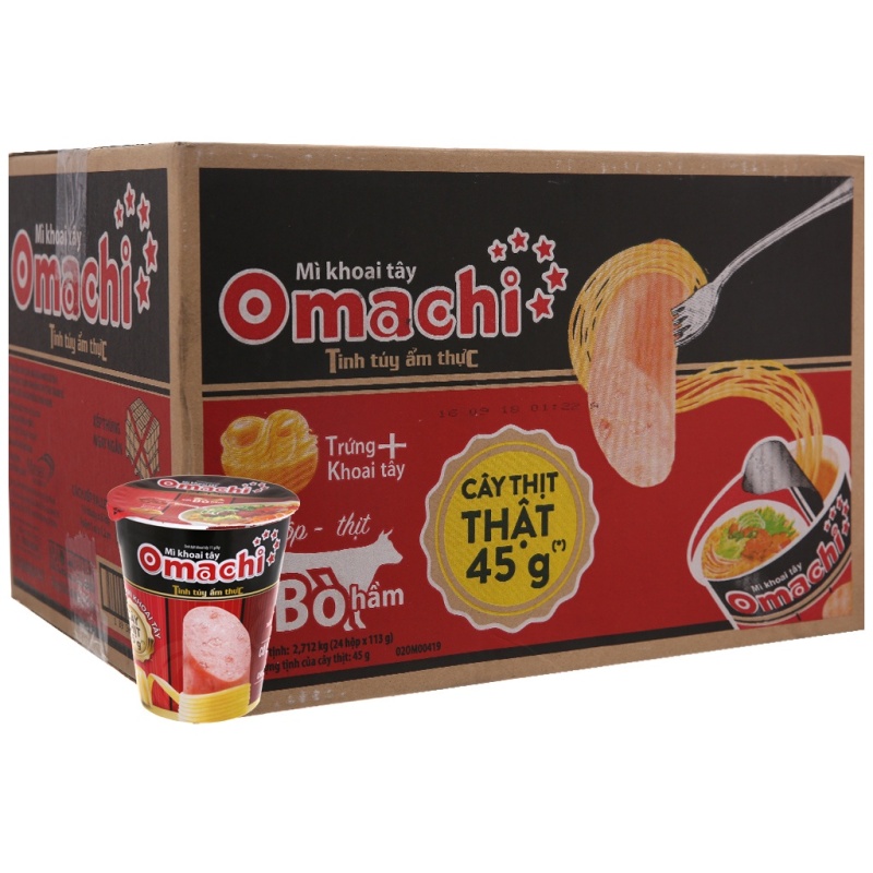 Mua Trang chủMì gói ăn liềnMì Omachi 1/4 Thùng 24 ly mì khoai tây Omachi xốt bò hầm 113g (có cây thịt thật)