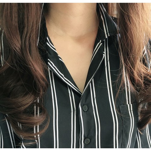 Áo Sơ mi oversize đen 2 sọc trắng - tay ngắn