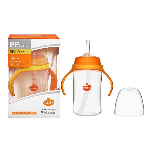 Bình sữa ống hút cổ rộng có tay cầm, tặng kèm cây rửa ống hút - 260ml PP Wesser