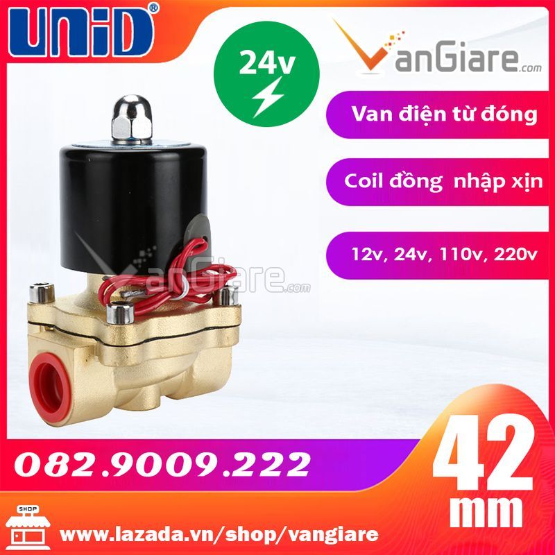 Van điện từ phi 42 (Đầu coil nhập XỊN) UW35 Uni-D, thường đóng, đồng 12v 24v 220v
