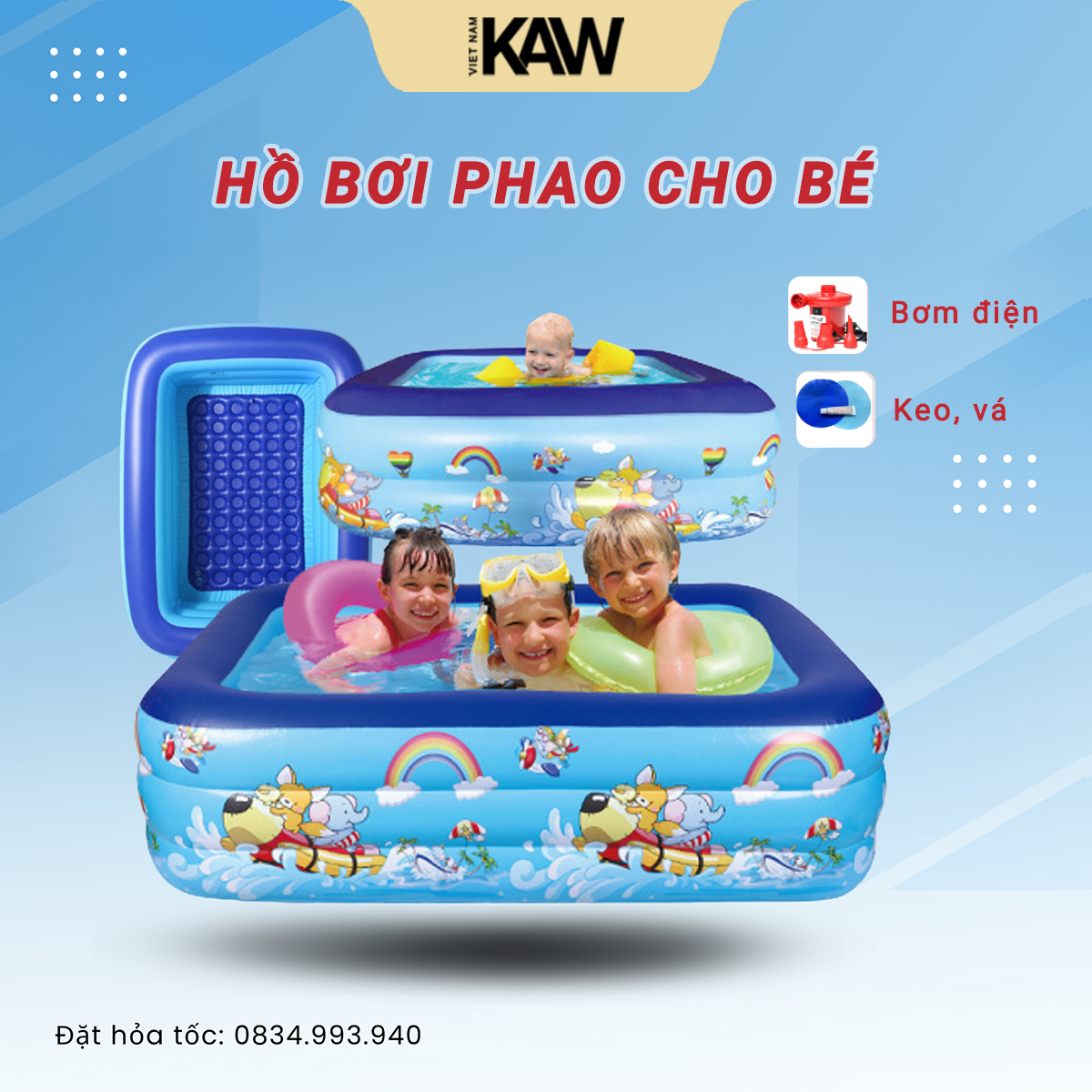 Bể bơi to khổng lồ người lớn, Hồ bơi, Nhà máy tại HCM, bán lẻ giá sỉ KAW-K218 - Bể 2 lớp, chống trơn trượt + Tặng kèm keo, vá
