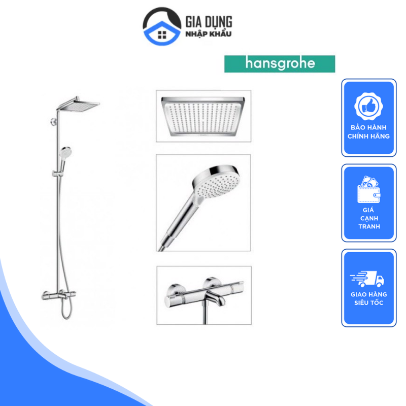Bộ sen vòi tắm hansgrohe 240 bát vuông, chất liệu thép không gỉ cao cấp, chống gỉ, khóa an toàn, 2 chế độ phun, áp lực mạnh, made in germany