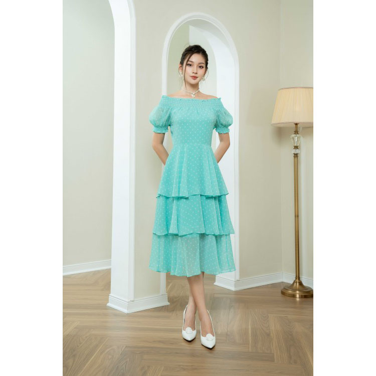 Đầm voan trễ vai chấm bi SIXDO (Polka Dot Midi Voile Dress)