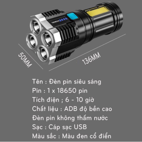 1200W super bright 4 LED flashlight portable long range portable rechargeable travel flashlight white light 4 modes, portable USB rechargeable flashlight