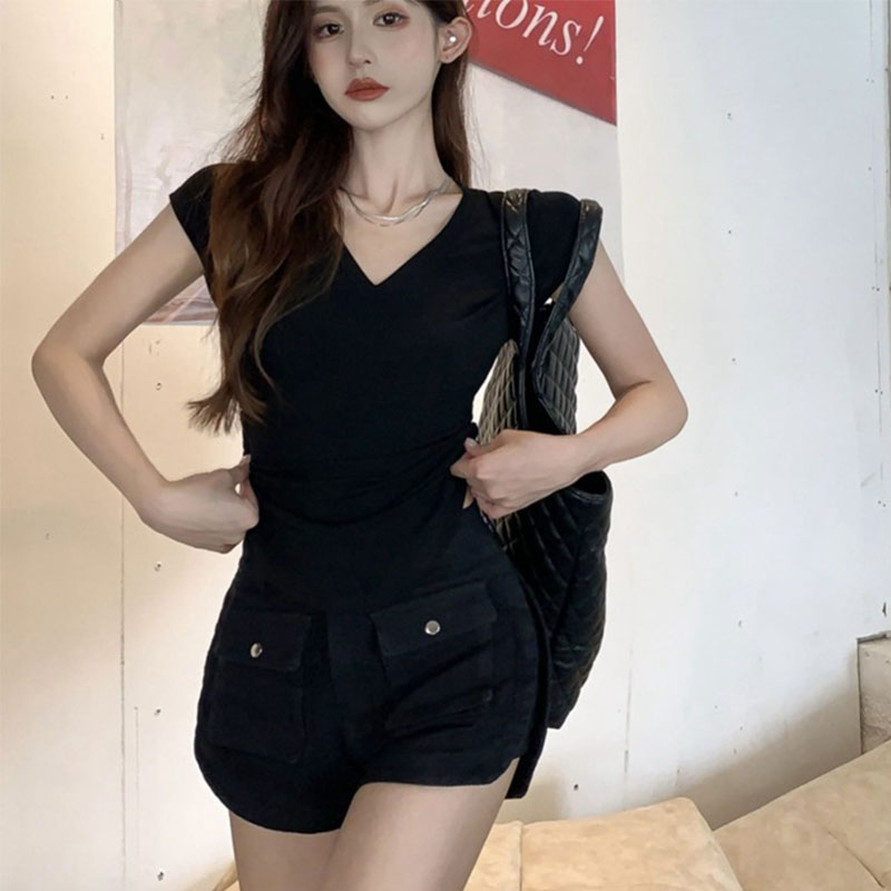 Áo thun nữ nhúng eo, cổ tim, tay ngắn JE0020