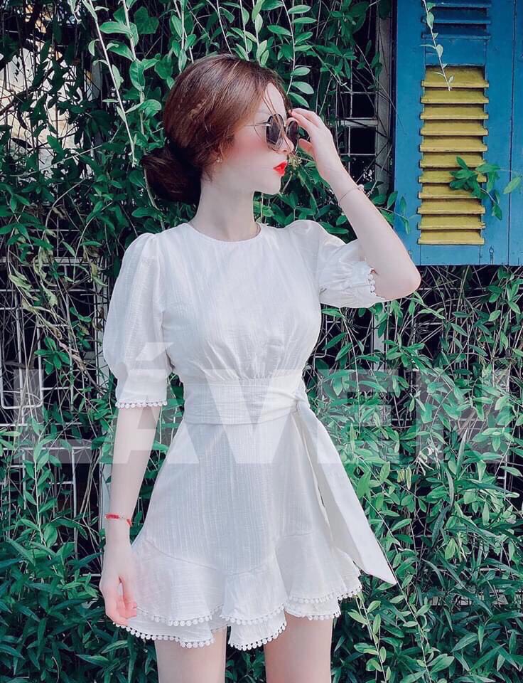 Đầm tay phồng cổ tròn hở lưng cột nơ sau