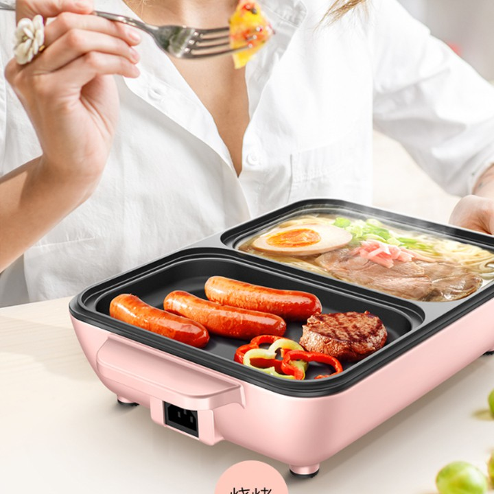 Bếp Điện Nồi Lẩu Nướng 2in1 Màu Hồng Hàn Quốc Siêu Chống Dính Đa Năng Cao Cấp Chiên Nấu 2 Ngăn, có 2 mức nhiệt độ thấp cao siêu tiện lợi,bảo hành 12 tháng Gala Store