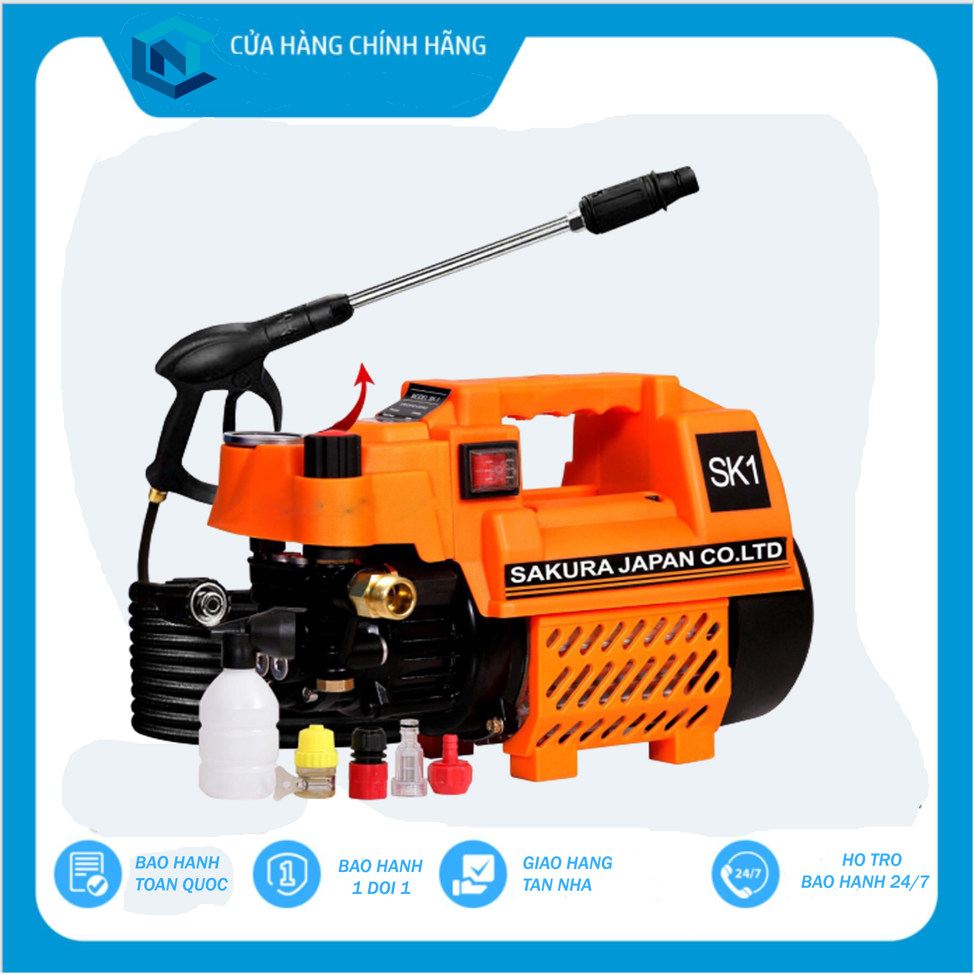 Máy rửa xe gia đình áp lực cao Sakura 2400W - Lõi đồng 100% đánh bay mọi vết bẩn - Tặng bình xà bông