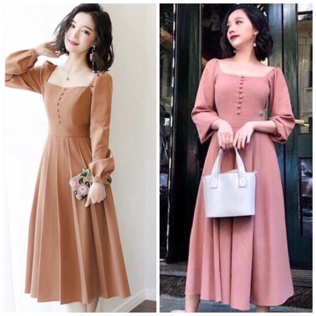 Đầm tay dài cổ vuông 2 màu