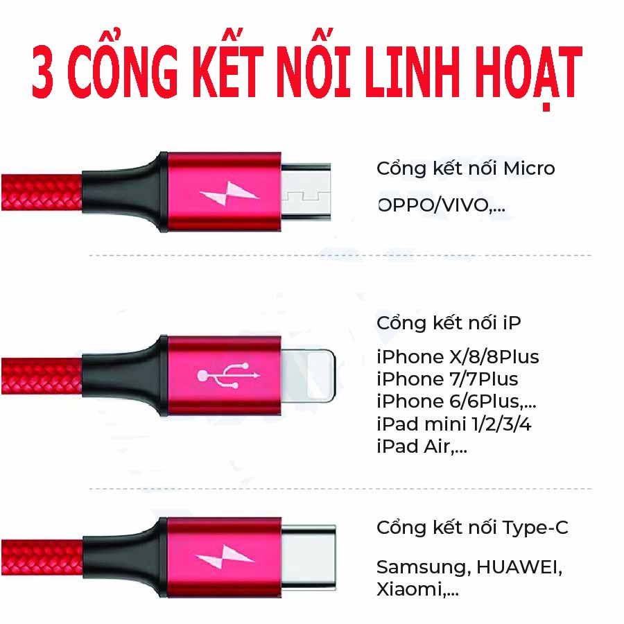 Dây cáp sạc đa năng  | Dây dù , Dài 1.2M | 3 đầu Micro USB / Type C / Lightning