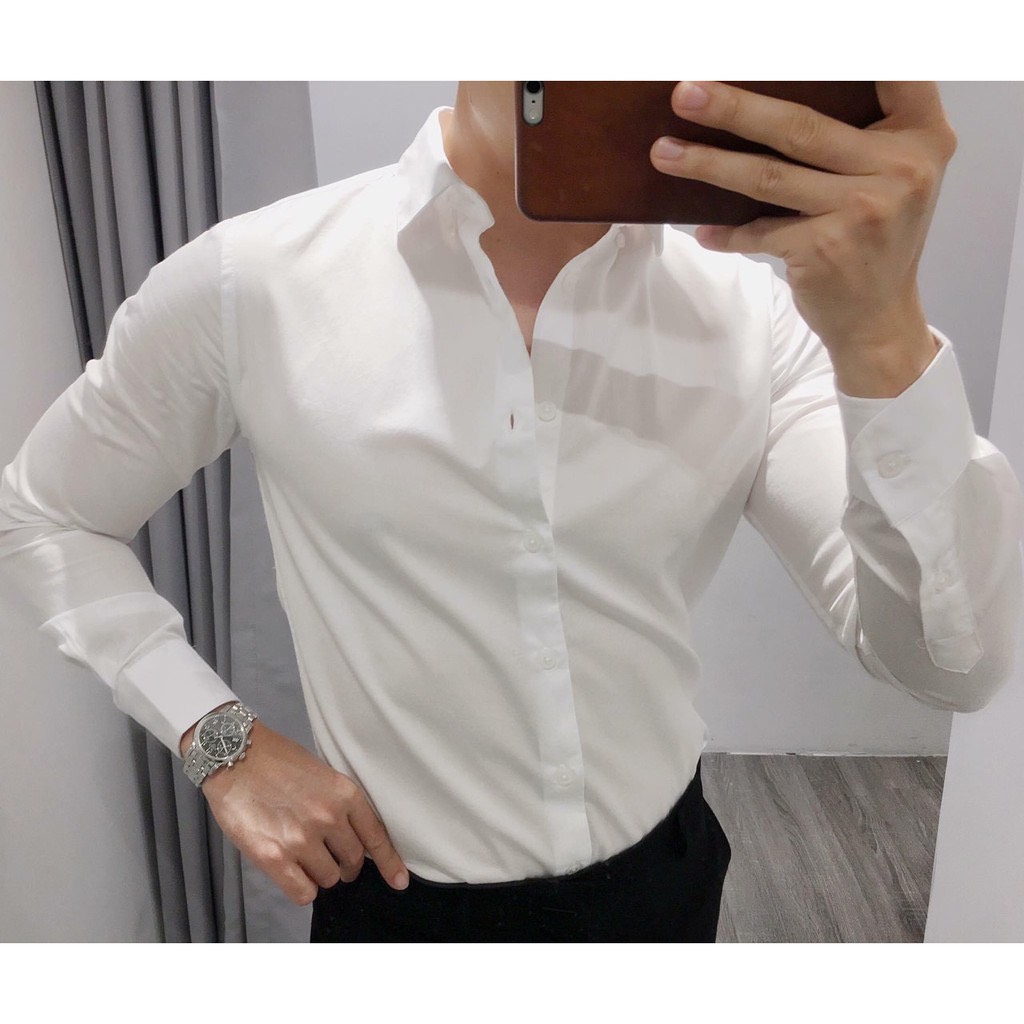 Áo sơ mi trắng nam dài tay vải lụa cotton